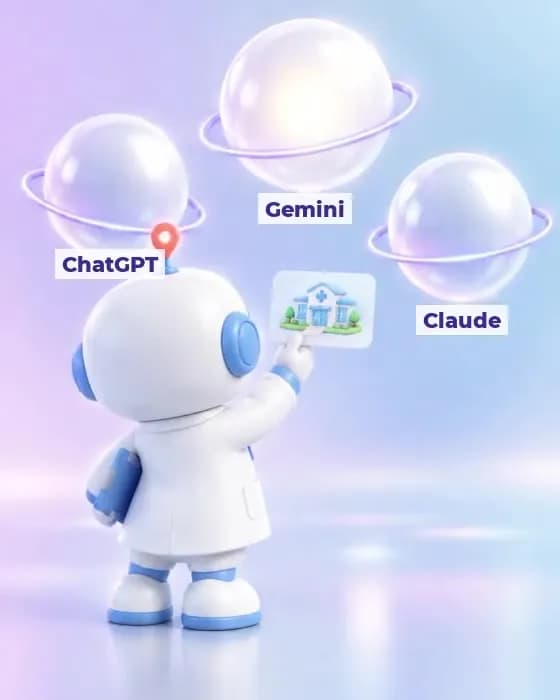 디언스가 ChatGPT · Gemini · Claude 앞에서 병원 카드를 들어 보이는 장면